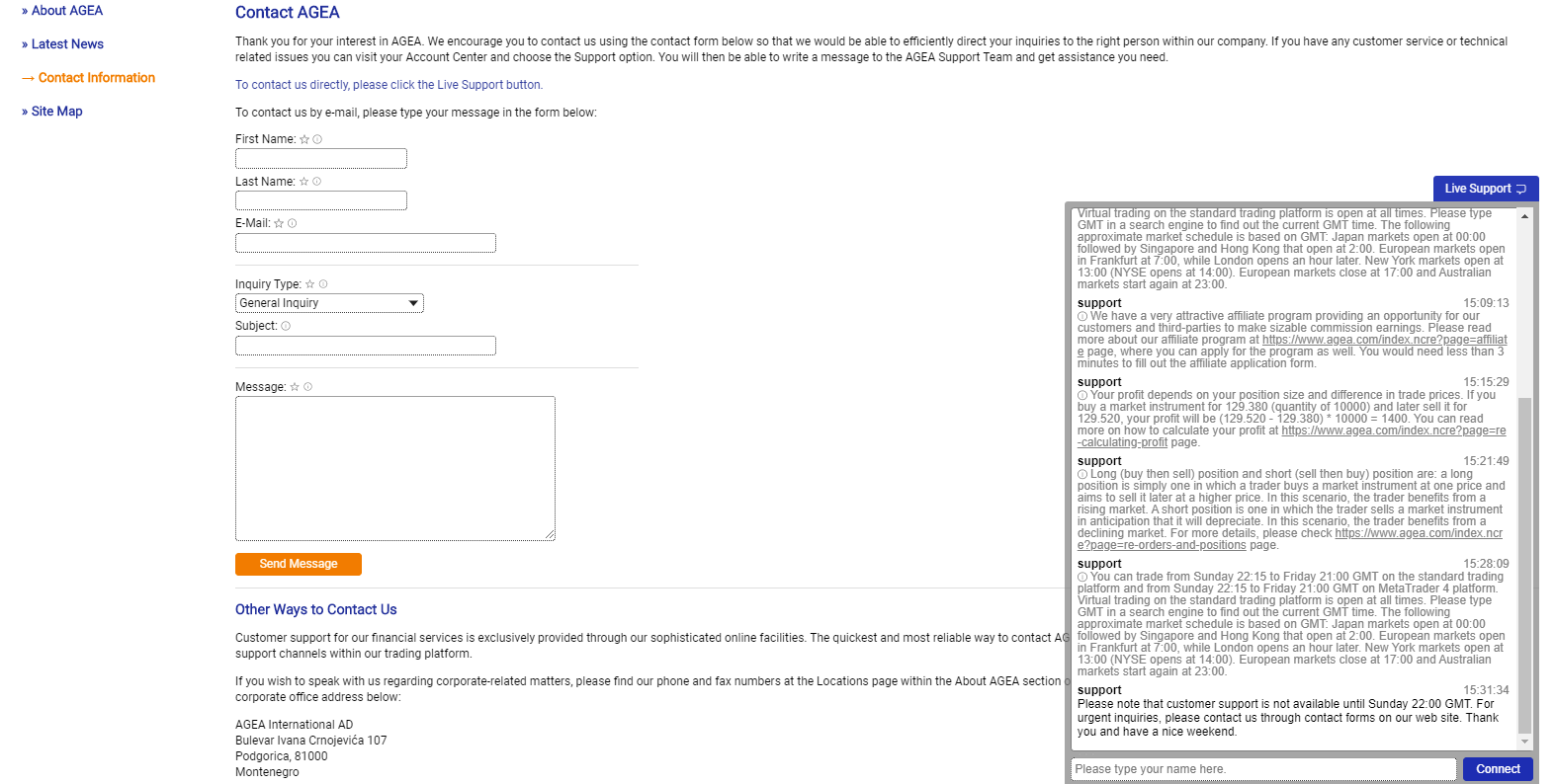 AGEA contact us page